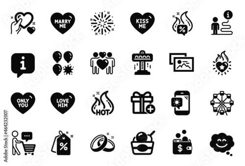 Vector Set of Holidays icons related to Fireworks explosion, Photo album and Smile chat icons. Discount tags, Kiss me and Ice cream signs. Hot offer, Buyer think and Hot sale. Love couple. Vector