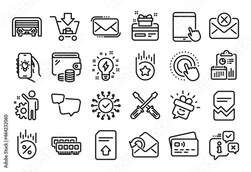 Vector set of Smile, Security network and Reject mail line icons set. Calendar report, Money wallet and Credit card tag. Messenger mail, Click hand and Speech bubble icons. Vector photo