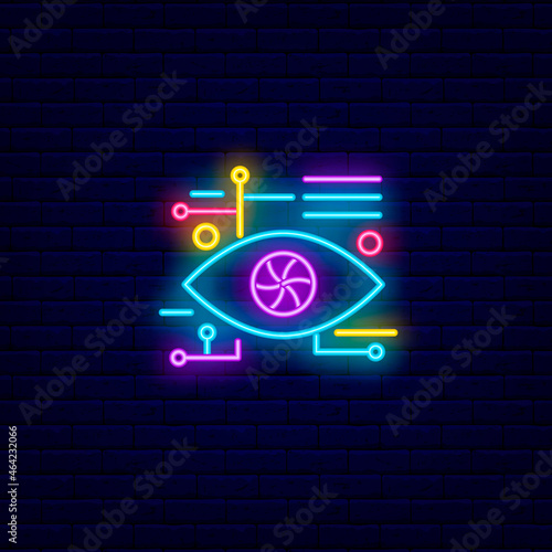 Cyberpunk virtual reality neon icon. Robot eye. Futuristic gadget. Isolated vector stock illustration