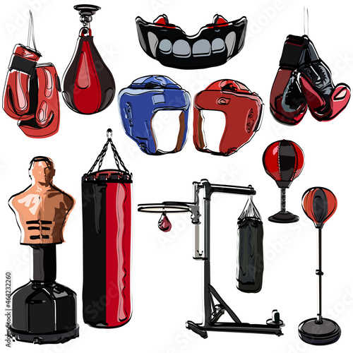 Boxing set. Sports equipment for classes. Pears, protection, gloves, helmet.