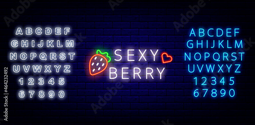 Sex shop flyer with neon sexy berry sign. Text with alphabet. Editable stroke. Isolated vector illustration