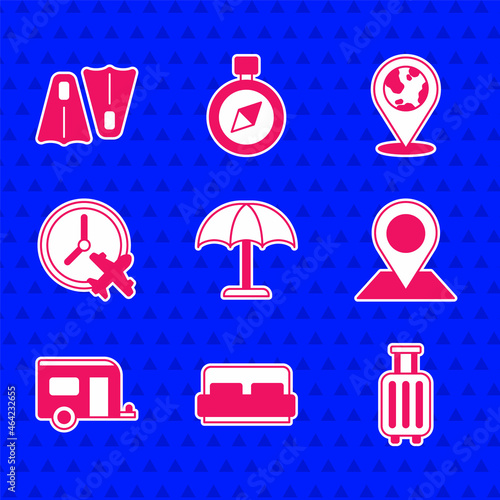 Set Sun protective umbrella, Hotel room bed, Suitcase, Location, Rv Camping trailer, Clock with airplane, the globe and Rubber flippers for swimming icon. Vector