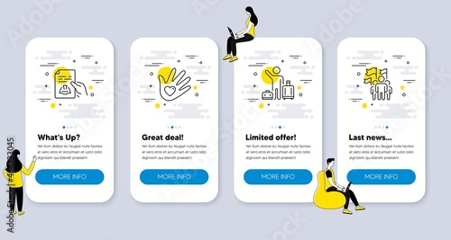 Set of People icons, such as Social responsibility, Airport transfer, Technical documentation icons. UI phone app screens with people. Leadership line symbols. Vector