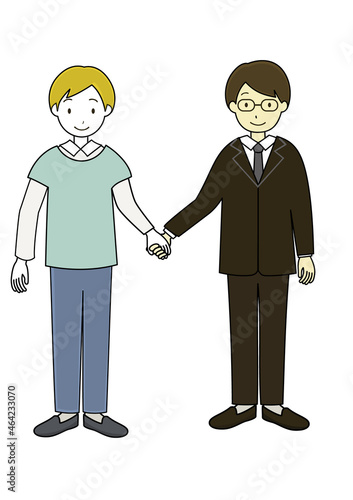 国籍の違う二人の男性が手を繋いでいるイラスト（LGBTや国際理解、行政と市民をの共生をイメージ）