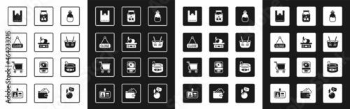 Set Spice in can, Electronic scales for product, Hanging sign with Closed, Paper shopping bag, Shopping basket, Jam jar, Canned fish and cart icon. Vector
