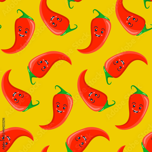 Seamless pattern, character smiling red chili pepper jalapeno, vector for textiles, wallpaper and wrapping paper