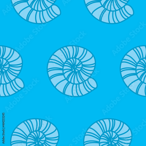 Seamless pattern sea shell blue blooms  tiles for textile decoration  nautilus ammonite