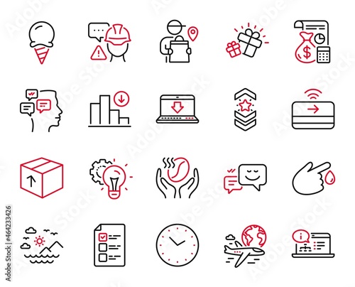 Vector Set of Business icons related to Decreasing graph, Voting ballot and Blood donation icons. Online documentation, Sea mountains and Internet downloading signs. Idea gear, Package. Vector