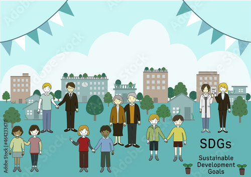 緑と人との共生、行政と企業の連携を意識した街並みのイラスト（SDGsのイメージ）