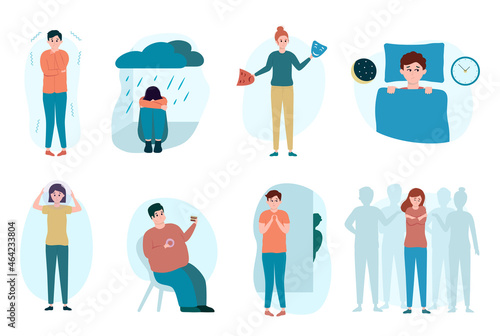 People with different mental problems set. Psychological issues collection. Mental illness. Anxiety, bulimia, insomnia, loneliness, depression, mood disorder. Vector isolated flat illustration