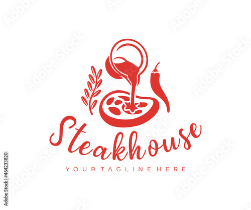 Steak, rosemary, pepper and sauce is poured from the stewpan, logo design. Steakhouse, chophouse, meat, meal and food, vector design and illustration