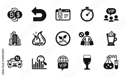 Vector set of Stop shopping, Latte coffee and Car leasing icons simple set. Skyscraper buildings, Search and Bitcoin exchange icons. Start business, Vip internet and Timer signs. Vector