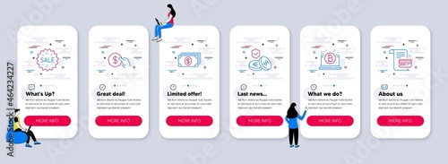 Set of Finance icons, such as Bitcoin, Banking, Sale icons. UI phone app screens with teamwork. Savings insurance, Payment, Payment card line symbols. Vector