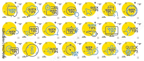 Quick tips line icons. Set of Helpful tricks, Solution and Quickstart guide linear icons. Tutorial, helpful tips and turning tricks. Hand hold smartphone, Quick chat, tutorial, whistle signs. Vector