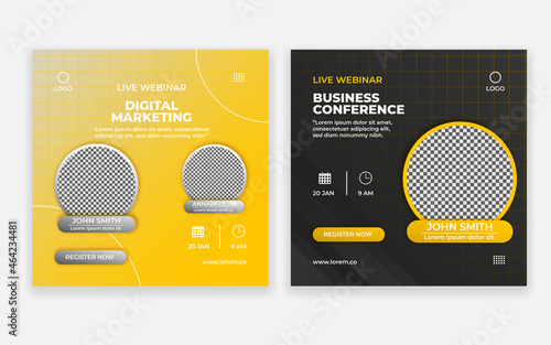 Live webinar template, social media post template. Digital marketing for business promotion. Square social media post layout.