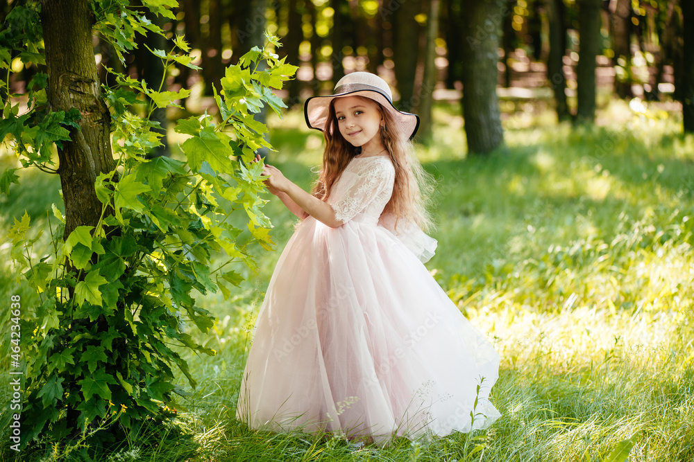 A young girl in a beautiful dress and hat in nature