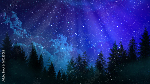 forest at night, snow with colorful sky - christmas theme - computer generated abstract 3D illustration