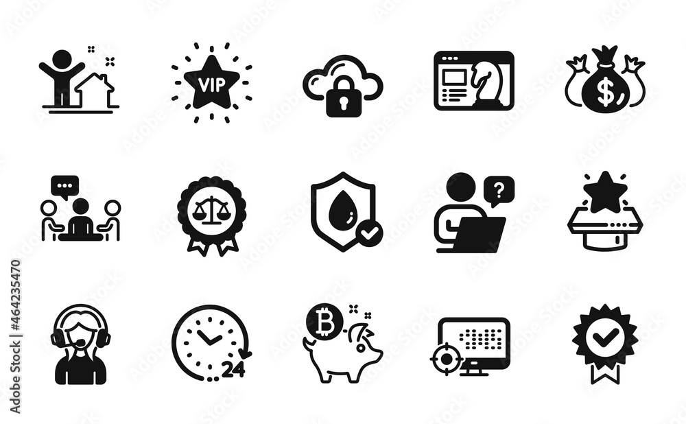 Vector set of Vip star, New house and Online question icons simple set. 24 hours, Seo and Bitcoin coin icons. Check investment, Cloud protection and Winner podium signs. Vector Vector set of Vip star, New house and Online question icons simple set. 24 hours, Seo and Bitcoin coin icons. Check investment, Cloud protection and Winner podium signs. Vector