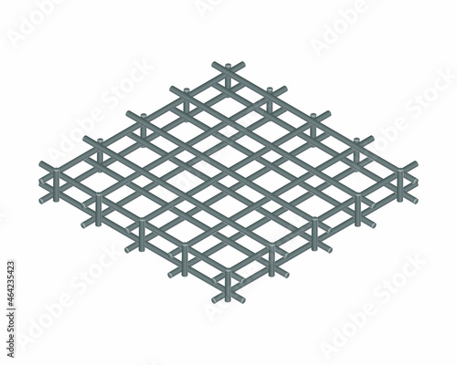 Isometric vector illustration tied rebar cage isolated on white background. Realistic steel reinforcement bars icon. Construction rebar. Steel rods used for reinforcing concrete. Building materials.