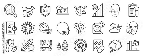 Set of Science icons, such as Question mark, Face recognition, Windy weather icons. Decreasing graph, Project deadline, Capsule pill signs. Quick tips, 5g wifi, Seo stats. Face accepted. Vector