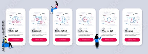 Set of Technology icons, such as Settings blueprint, Vaccine announcement, New products icons. UI phone app screens with teamwork. Augmented reality, Rating stars, Atm service line symbols. Vector