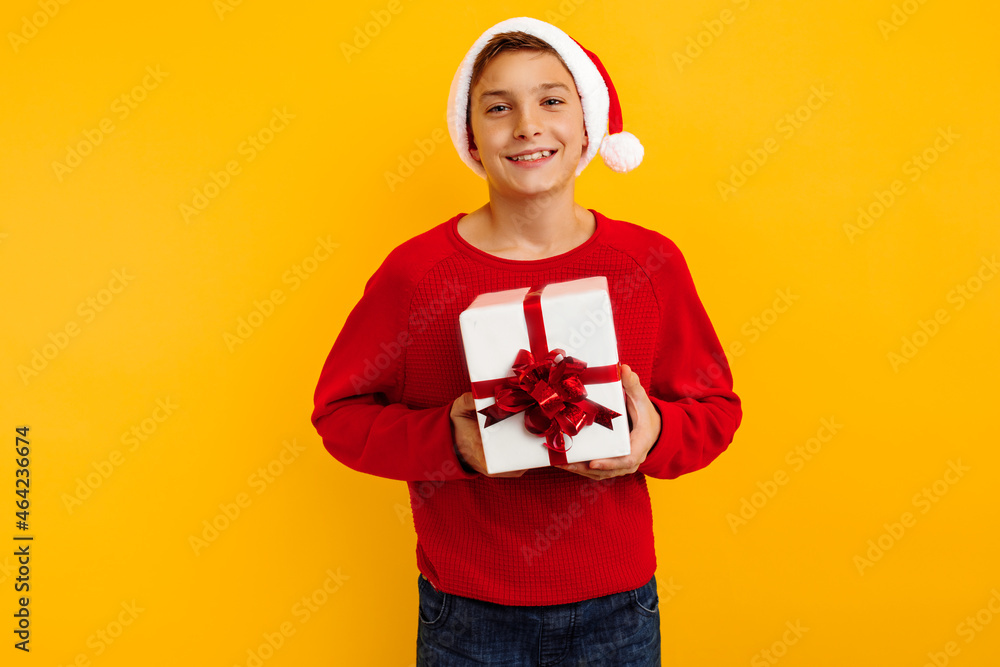 handsome young boy in a red sweatshirt with a gift and a santa claus hat. holding a Christmas present. christmas concept handsome young boy in a red sweatshirt with a gift and a santa claus hat. holding a Christmas present. christmas concept