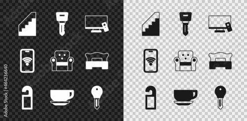 Set Stairs, Hotel door lock key, Smart Tv, Please not disturb, Coffee cup, Mobile with wi-fi wireless and Armchair icon. Vector