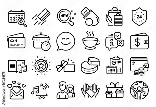 Vector set of Global business, Bio shopping and Alarm sound line icons set. Calendar report, Money wallet and Credit card tag. Coffee cup, Smile chat and Smartphone holding icons. Vector