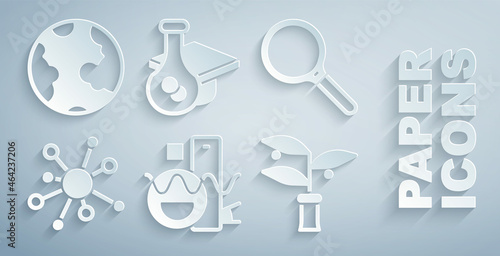 Set Basic geometric shapes, Magnifying glass, Molecule, Plant breeding, Graduation cap and Earth globe icon. Vector