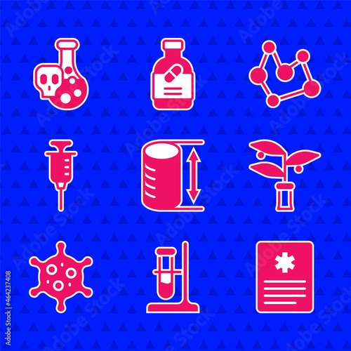 Set Height geometrical figure, Test tube flask on stand, Patient record, Plant breeding, Virus, Syringe, Chemical formula and with toxic liquid icon. Vector