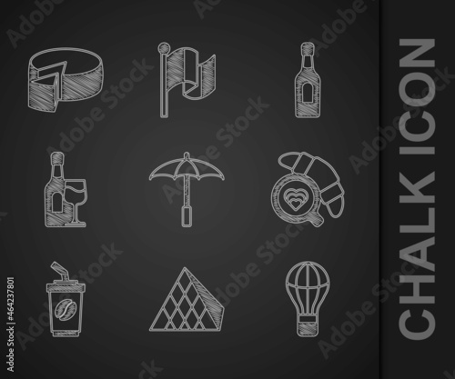 Set Umbrella for beach, Louvre glass pyramid, Hot air balloon, Coffee cup with croissant, to go, Wine bottle, Champagne and Cheese icon. Vector