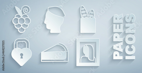 Set Cherry cheesecake slice, French baguette bread, Castle in the shape of heart, Portrait picture museum, man and Grape fruit icon. Vector
