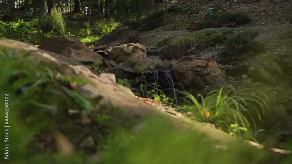 Stream water flows ground from mountains. Spring water high mineralization useful properties flows through stones boulders forest mountain slopes between green grass. Pumping water bottling enterprise Stream water flows ground from mountains. Spring water high mineralization useful properties flows through stones boulders forest mountain slopes between green grass. Pumping water bottling enterprise
