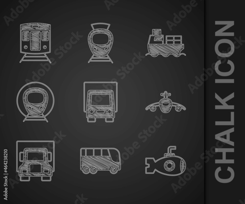 Set Delivery cargo truck, Bus, Submarine, Plane, Train and railway, Cargo ship with boxes delivery and icon. Vector
