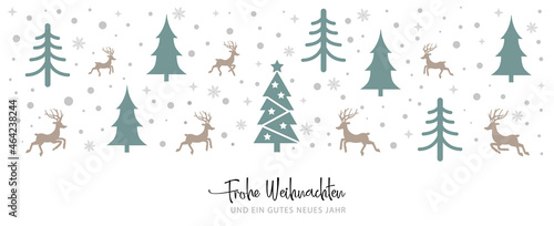 Weihnachtsgrüße - Winterwald mit Rentieren und Weihnachtsbaum - deutscher Text