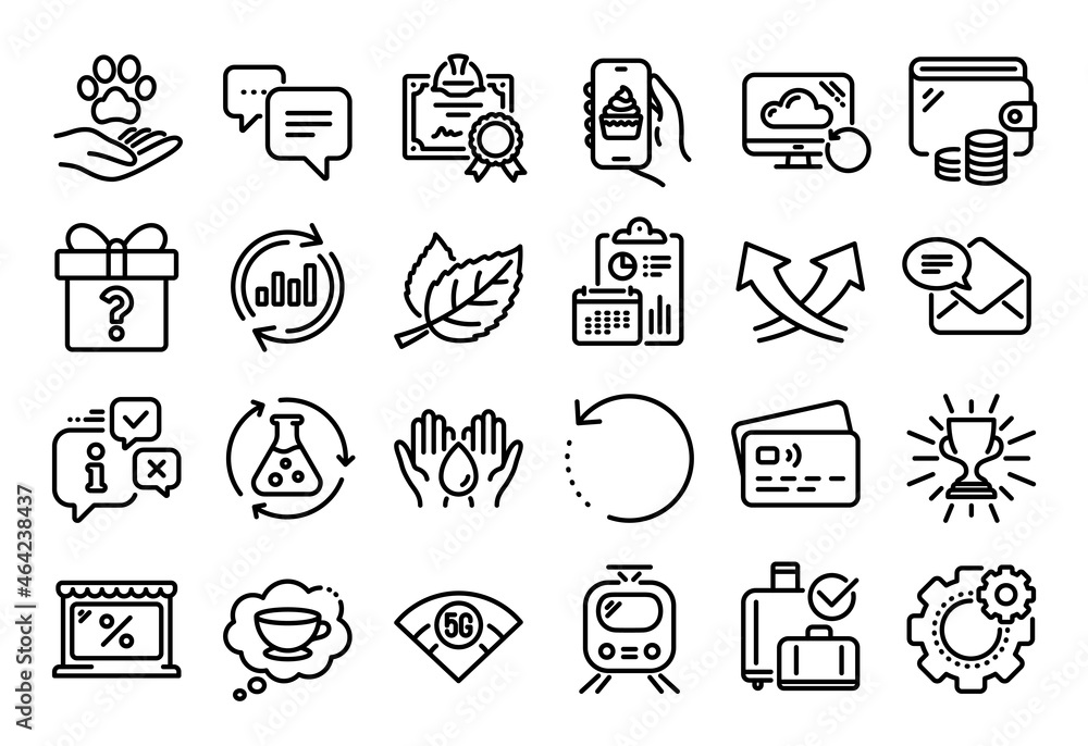 Fototapeta premium Vector set of Dots message, Safe water and Pets care line icons set. Calendar report, Money wallet and Credit card tag. Update data, Intersection arrows and Coffee cup icons. Vector