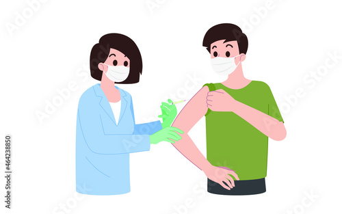 The doctor give injection to a patient. Coronavirus vaccination, medical doctor wear surgery mask process of immunization against covid-19. Vector medical protection concept.