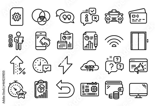 Vector set of Report document, Seo marketing and Incoming call line icons set. Calendar report, Money wallet and Credit card tag. Motherboard, Question bubbles and Euler diagram icons. Vector