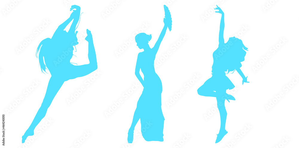 Blue silhouettes of dancing women, vector illustration, vector icons.