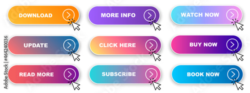 Set of vector modern trendy flat buttons. Trendy colors on white background. Read More, learn more, buy now, download, watch now, book more colorful button set