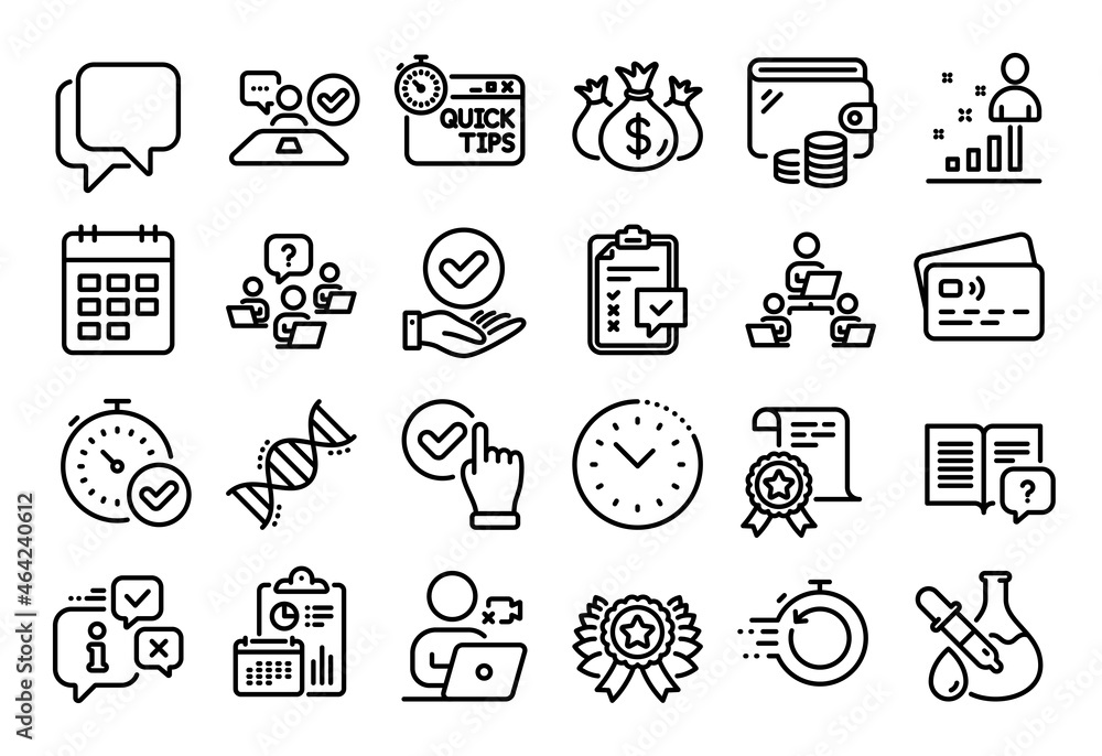 Vector set of Check investment, Chemistry dna and Teamwork question line icons set. Calendar report, Money wallet and Credit card tag. Checkbox, Approved checkbox and Certificate icons. Vector Vector set of Check investment, Chemistry dna and Teamwork question line icons set. Calendar report, Money wallet and Credit card tag. Checkbox, Approved checkbox and Certificate icons. Vector
