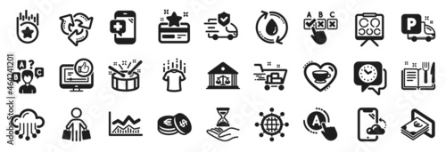 Set of Business icons, such as Transport insurance, Refill water, Truck parking icons. Savings, Recipe book, Smartphone cloud signs. Trade infochart, Drums, Medical phone. Dry t-shirt. Vector