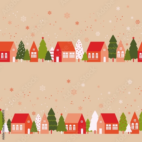Seamless pattern with cute houses in snowy forest. Simple scandinavian style background with christmass mood for web, print, background, wallpaper, scrapbooking, wrapping paper, textile 