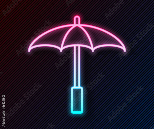Glowing neon line Sun protective umbrella for beach icon isolated on black background. Large parasol for outdoor space. Beach umbrella. Vector