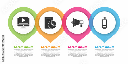 Set Online play video, CD or DVD disk, Megaphone and USB flash drive. Business infographic template. Vector