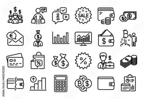 Vector set of Businessman case, Dollar money and Bitcoin project line icons set. Calendar report, Money wallet and Credit card tag. Manager, Coins bags and Sale icons. Vector