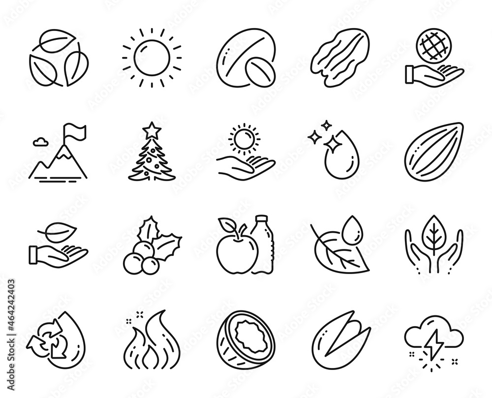 Vector set of Leaf dew, Fair trade and Christmas holly line icons set. Leaf, Leaves and Pistachio nut icons. Soy nut, Sun protection and Water drop signs. Leaf dew web symbol. Vector