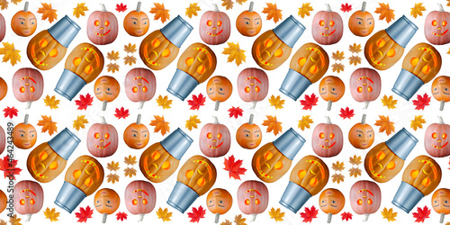 Halloween seamless design with funny pumpkins and autumn maple leafs