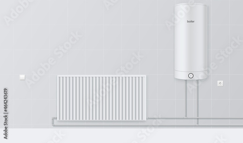 Realistic boiler connected to radiator vector illustration. Bathroom water heater heating system