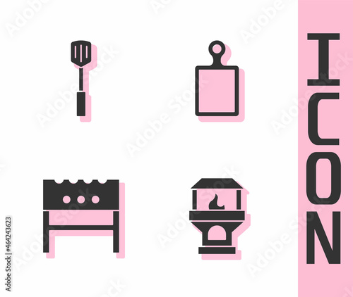 Set Brick stove, Barbecue spatula, BBQ brazier and Cutting board icon. Vector